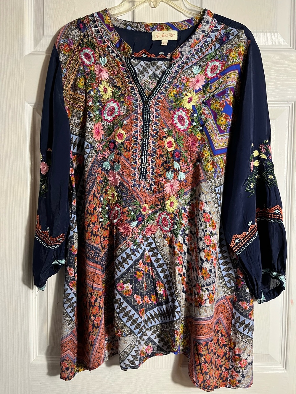 All About Her Boho Embroidered Navy Peasant Sleeve Top XL